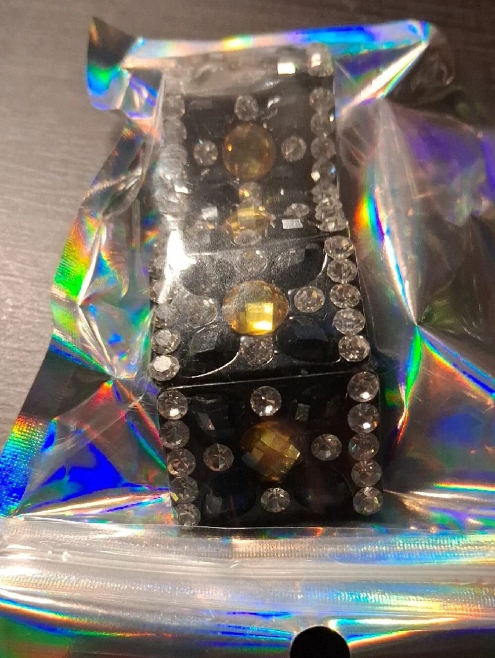 Source Unknown Black Bracelet with Clear Crystals and Yellow Stones